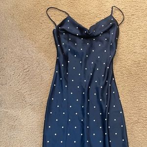 Navy Blue Midi Satin Polka Dot Dress
